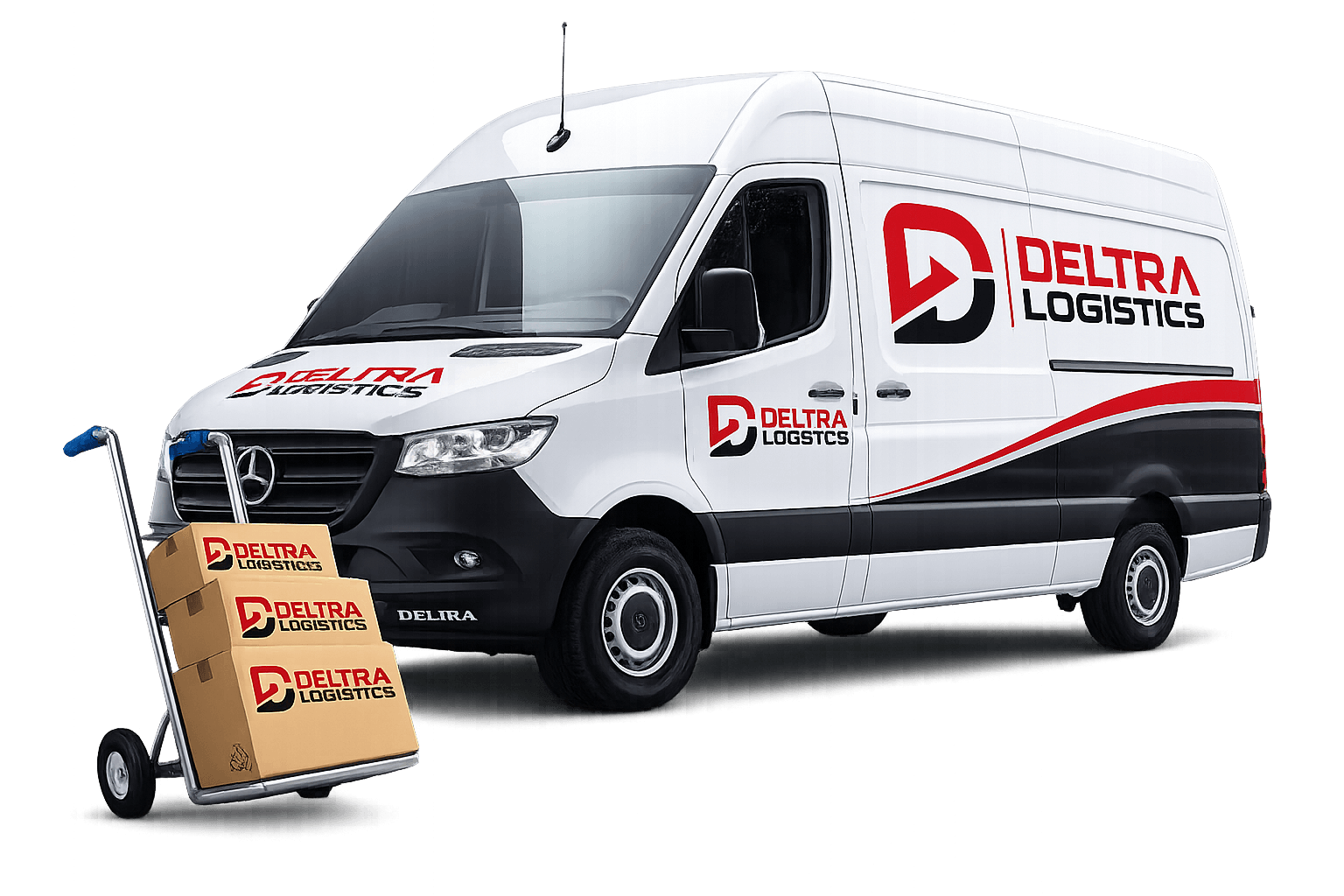 Deltra Logistics delivery van and boxes stacked on a hand truck