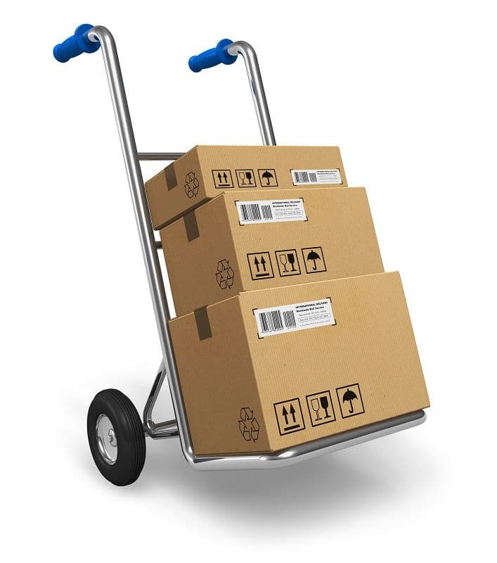 Packages stacked on a hand truck, ready for delivery
